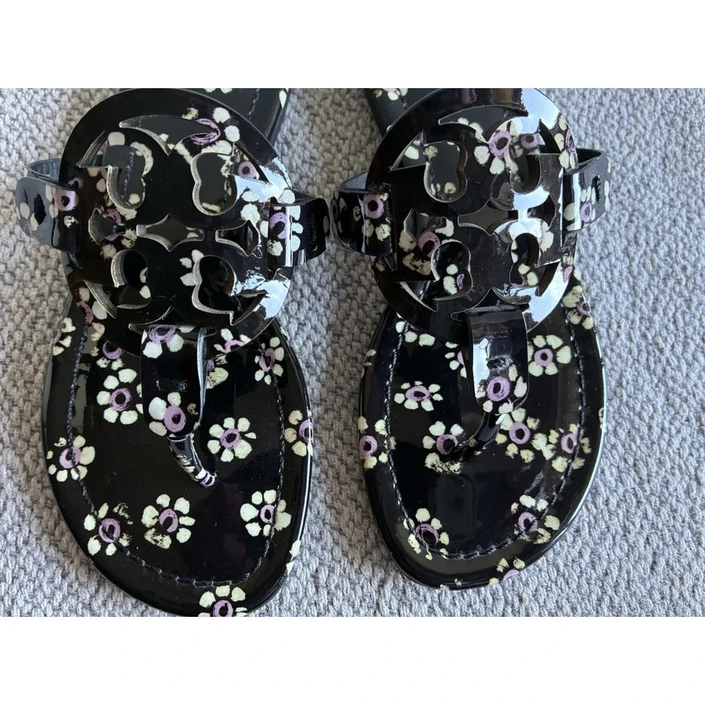 Tory Burch Miller Floral Patent Sandals Black Pink Women Size 4.5 M EU 35.5 - Picture 10 of 13